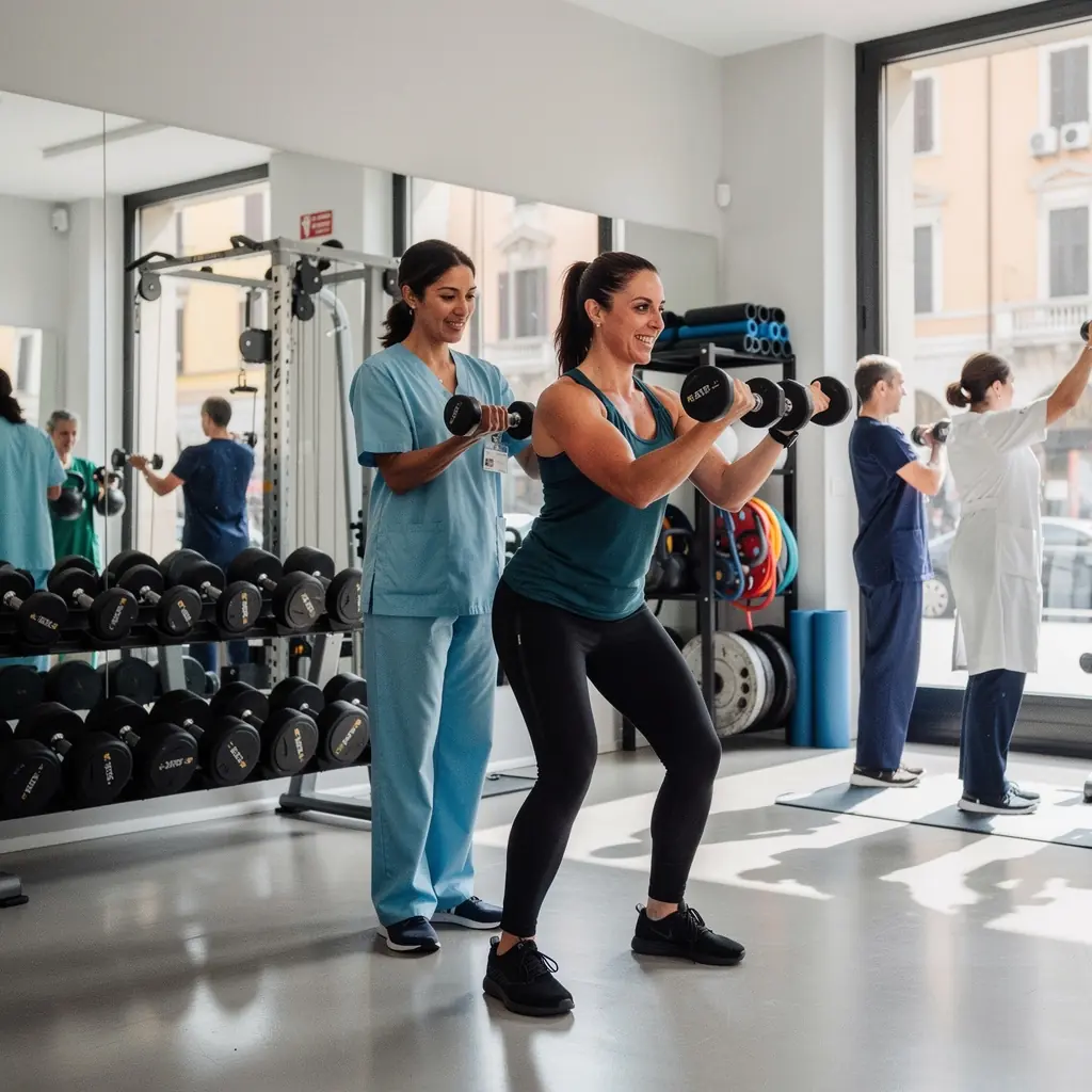 Allenatore personale che guida un cliente durante un allenamento in palestra.